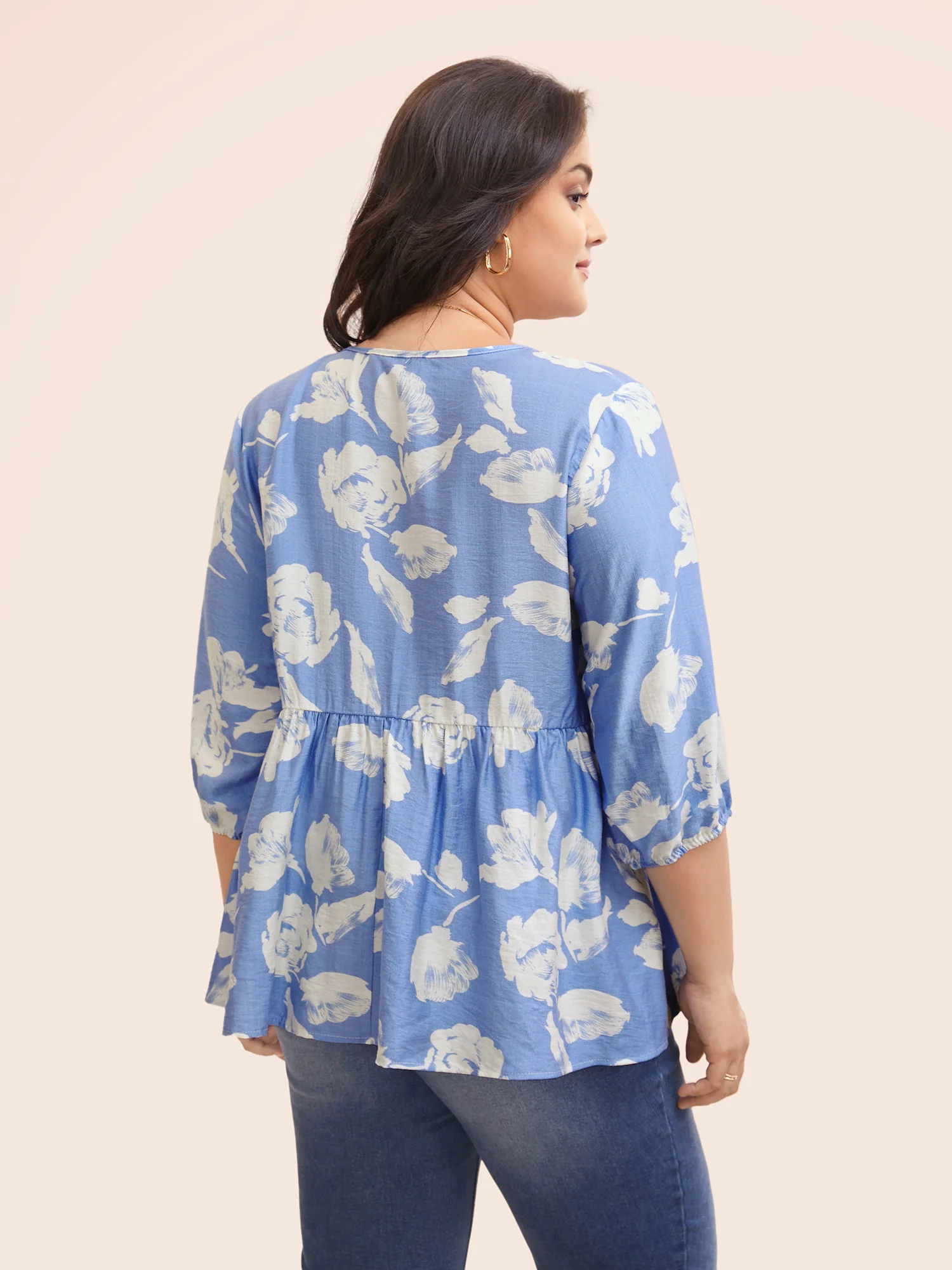Floral Pleated Tassel Trim Lantern Sleeve Blouse - Image 5