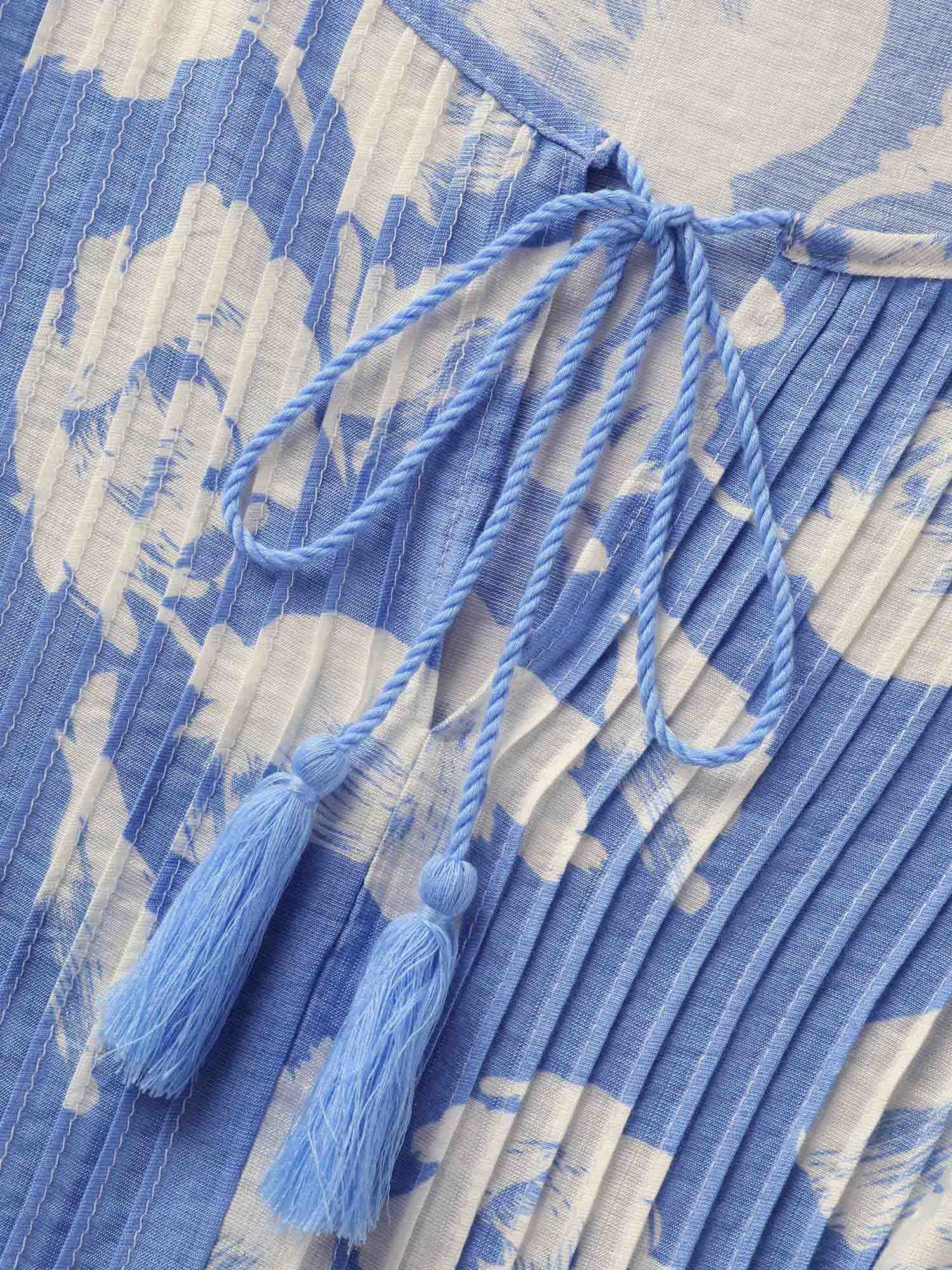 Floral Pleated Tassel Trim Lantern Sleeve Blouse - Image 7