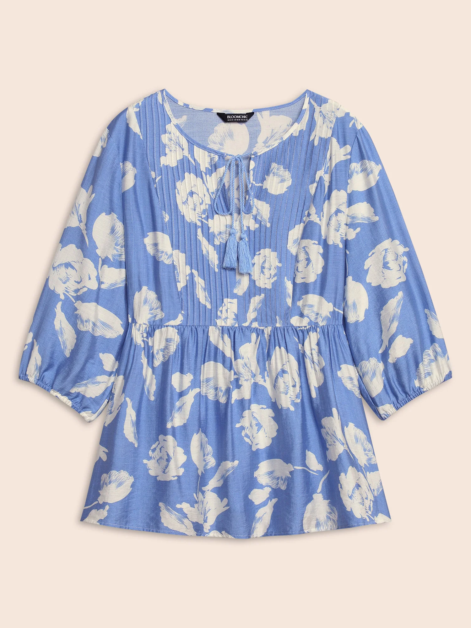 Floral Pleated Tassel Trim Lantern Sleeve Blouse - Image 8