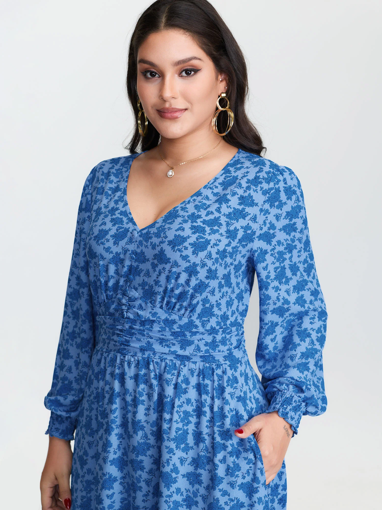Floral Pleated Waist Button Ruffled Maxi Dress - Image 3