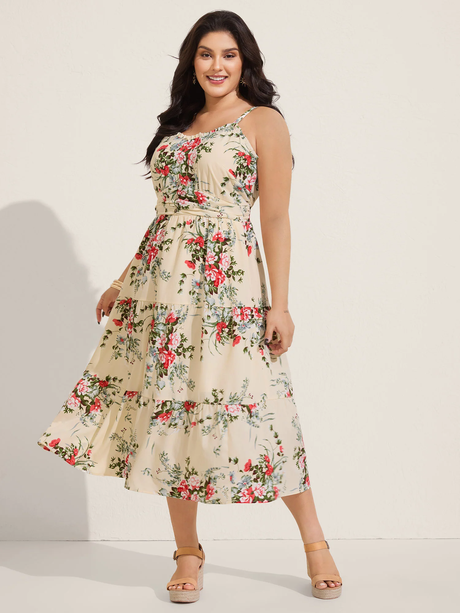 Floral Pleated Waist Pockets Midi Dress - Image 3