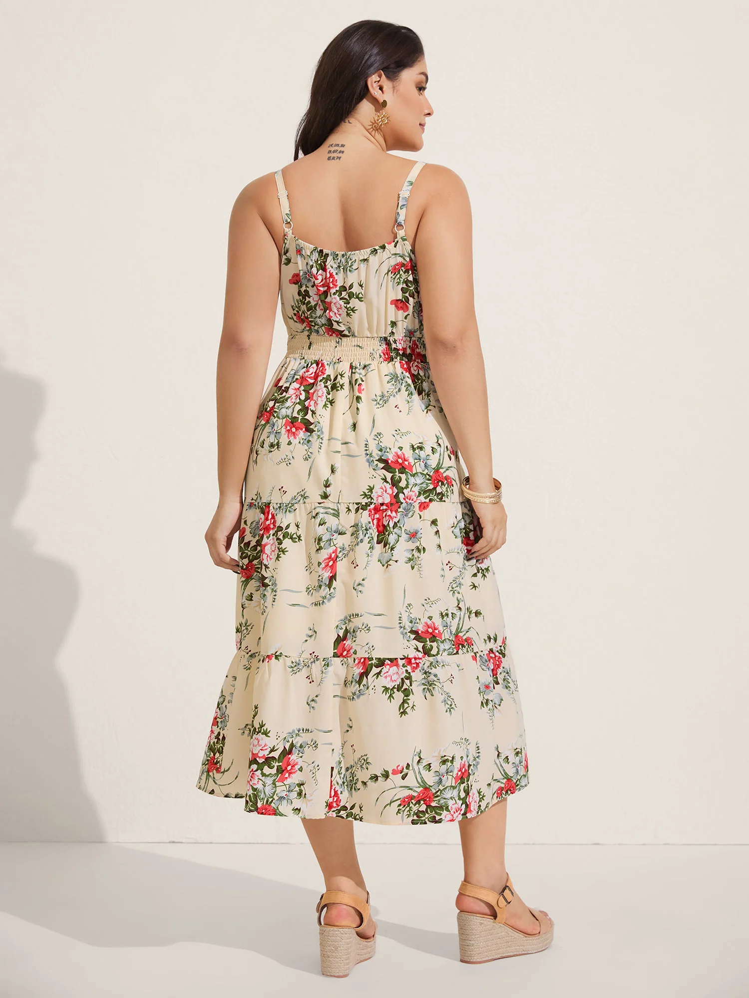 Floral Pleated Waist Pockets Midi Dress - Image 4