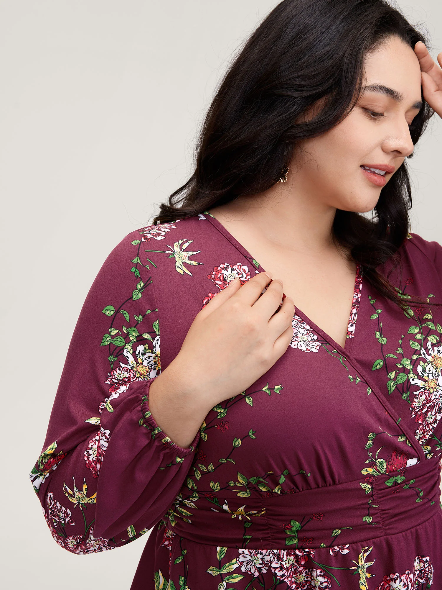 Floral Pleated Waist Stretchy Knit Top - Image 2