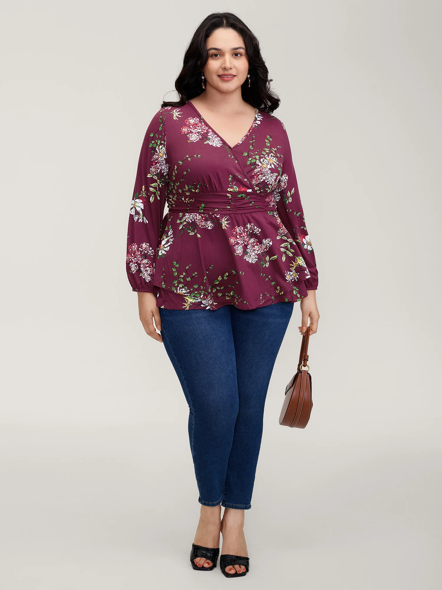 Floral Pleated Waist Stretchy Knit Top - Image 3