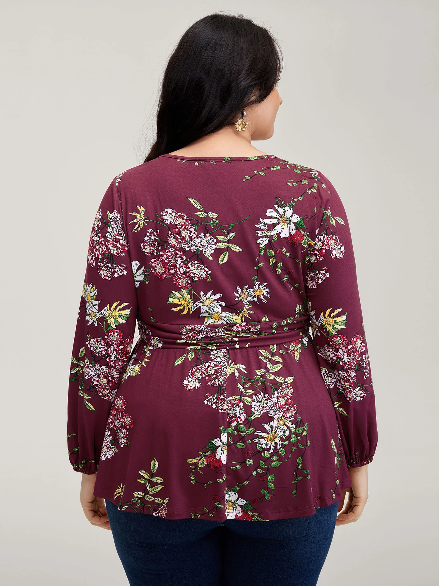 Floral Pleated Waist Stretchy Knit Top - Image 4