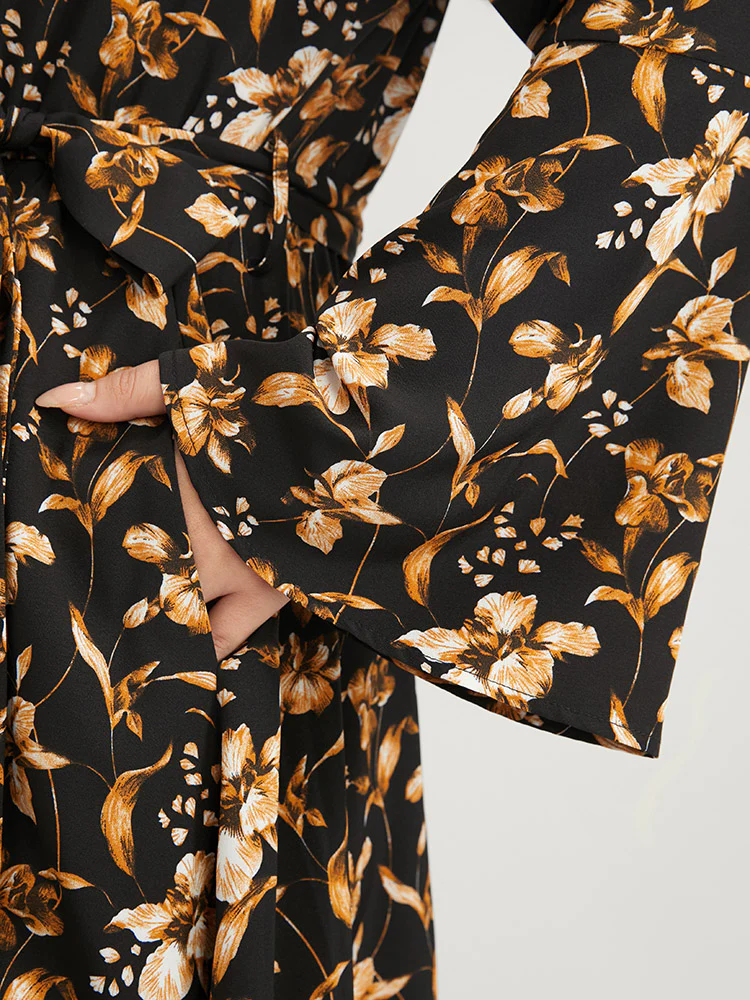 Floral Pocket Bell Sleeve Belted Split Flutter Dress - Image 7