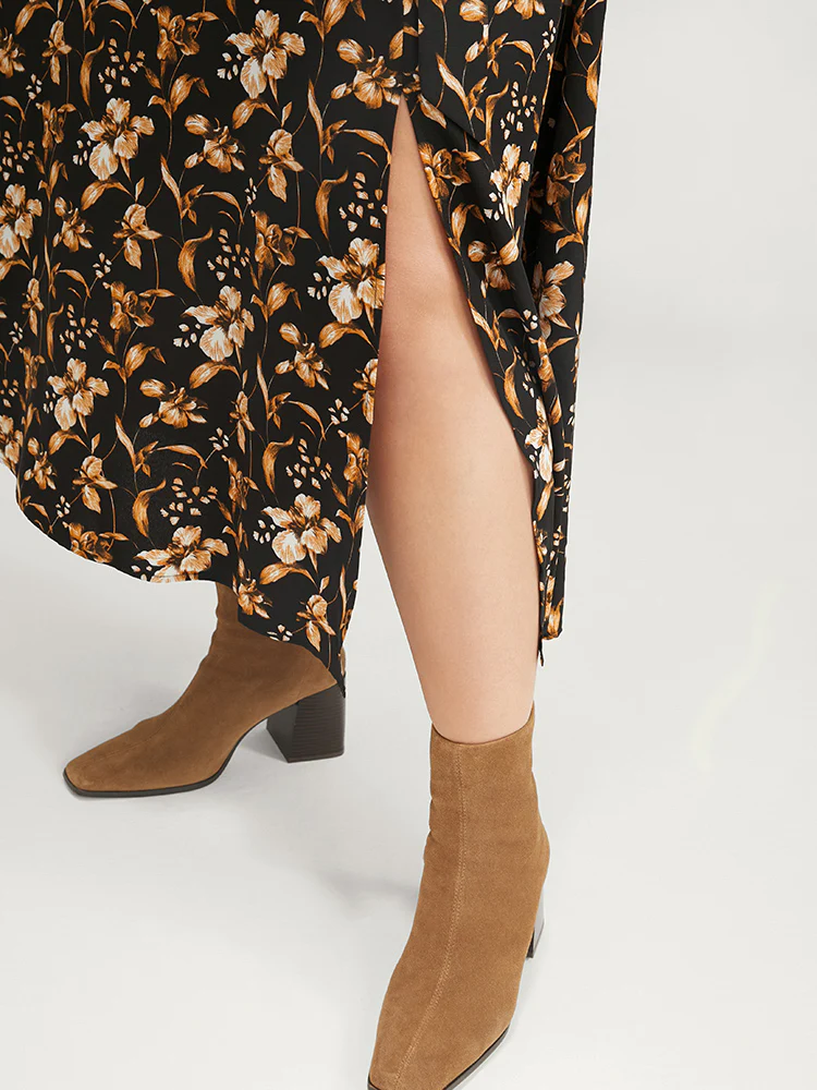 Floral Pocket Bell Sleeve Belted Split Flutter Dress - Image 9