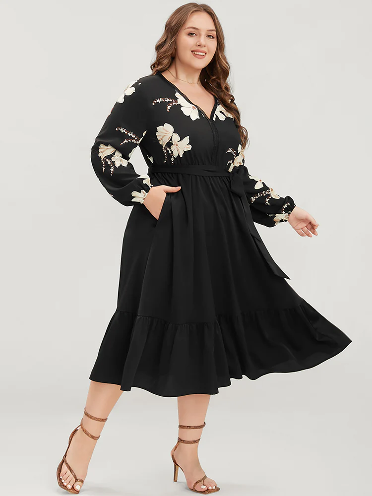 Floral Pocket Broderie Anglaise Lantern Sleeve Belted Flutter Dress - Image 3