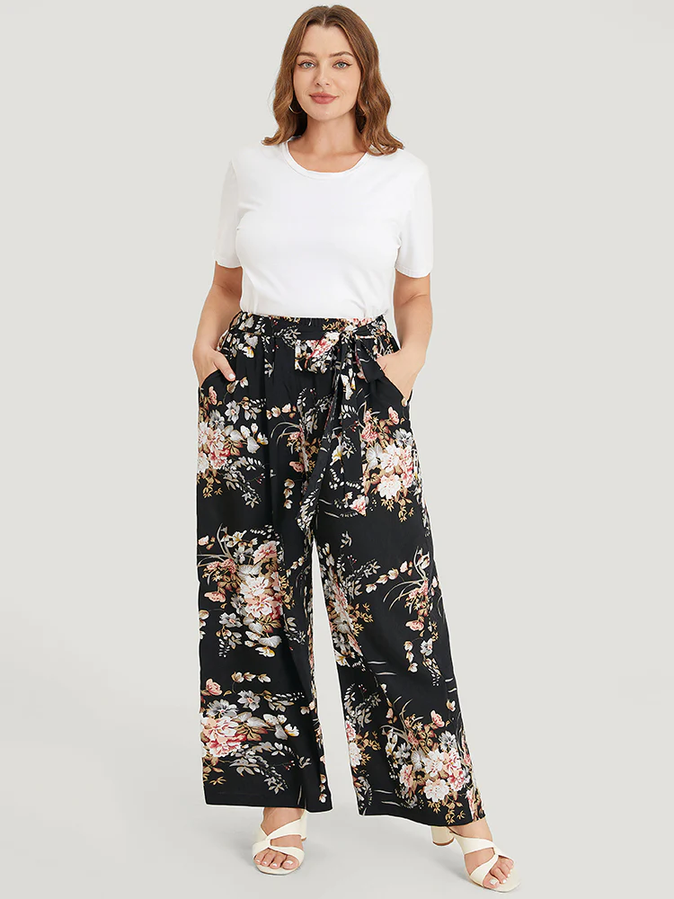Floral Pocket High Rise Wide Leg Belt Pants - Image 2
