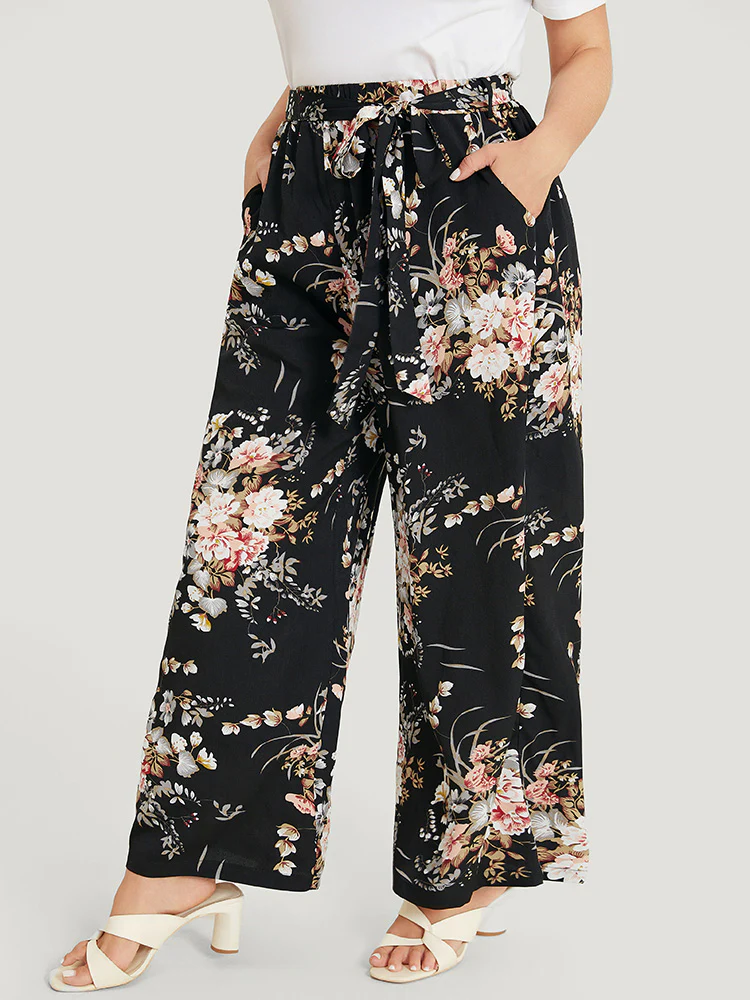Floral Pocket High Rise Wide Leg Belt Pants - Image 3