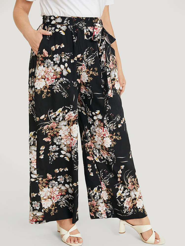 Floral Pocket High Rise Wide Leg Belt Pants - Image 4