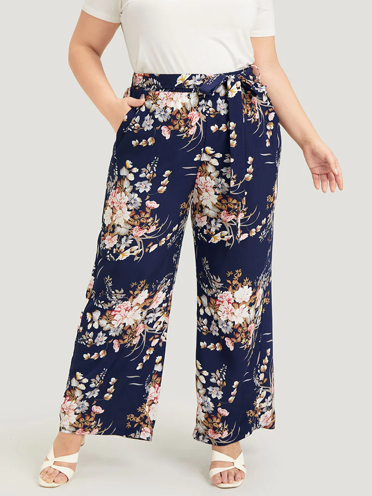 Floral Pocket High Rise Wide Leg Belt Pants - Image 8