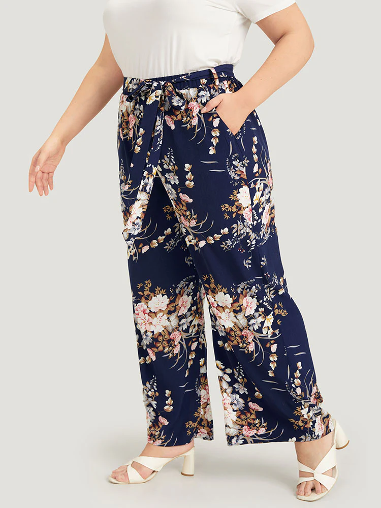 Floral Pocket High Rise Wide Leg Belt Pants - Image 9