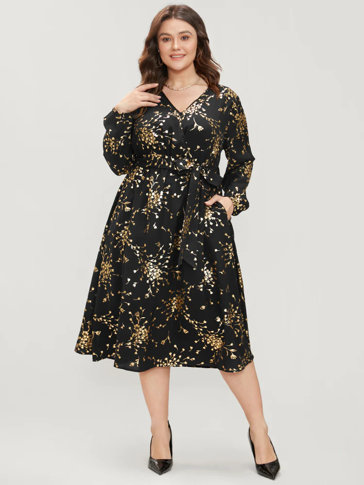 Floral Pocket Lantern Sleeve Belted Surplice Neck Dress - Image 2