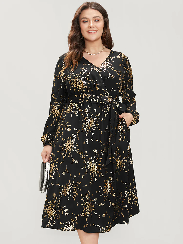 Floral Pocket Lantern Sleeve Belted Surplice Neck Dress - Image 3