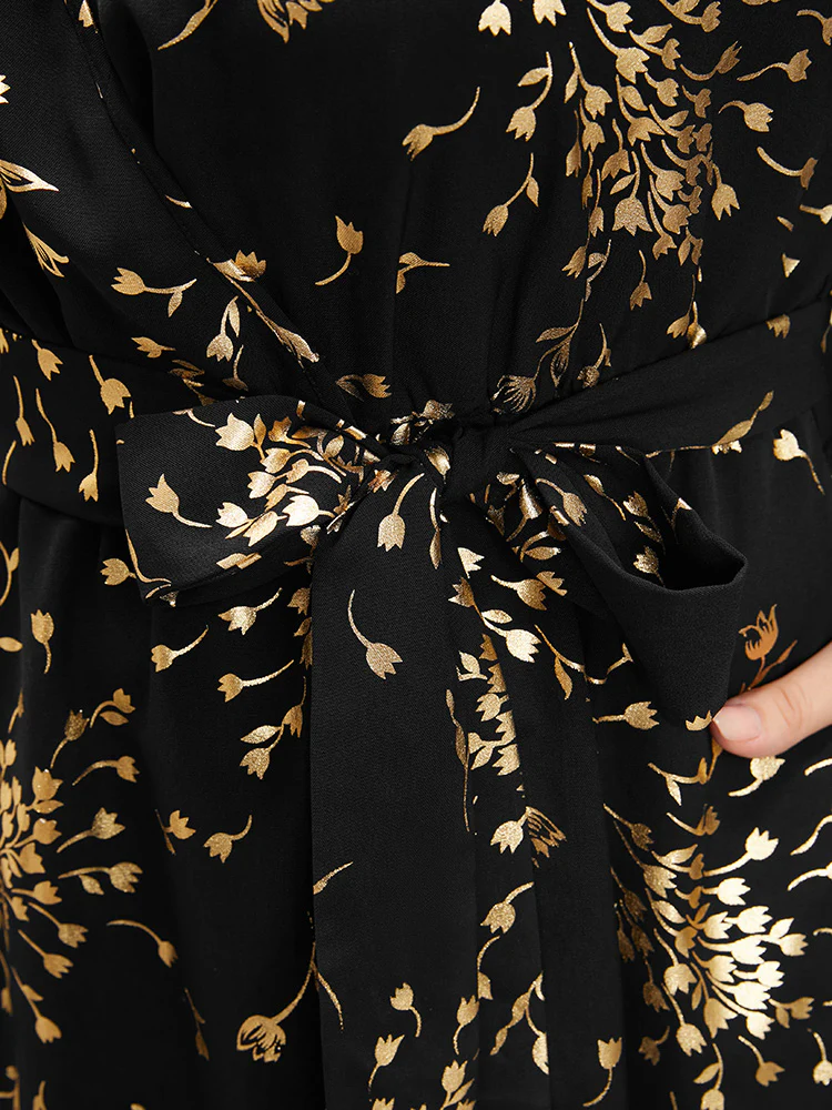 Floral Pocket Lantern Sleeve Belted Surplice Neck Dress - Image 5