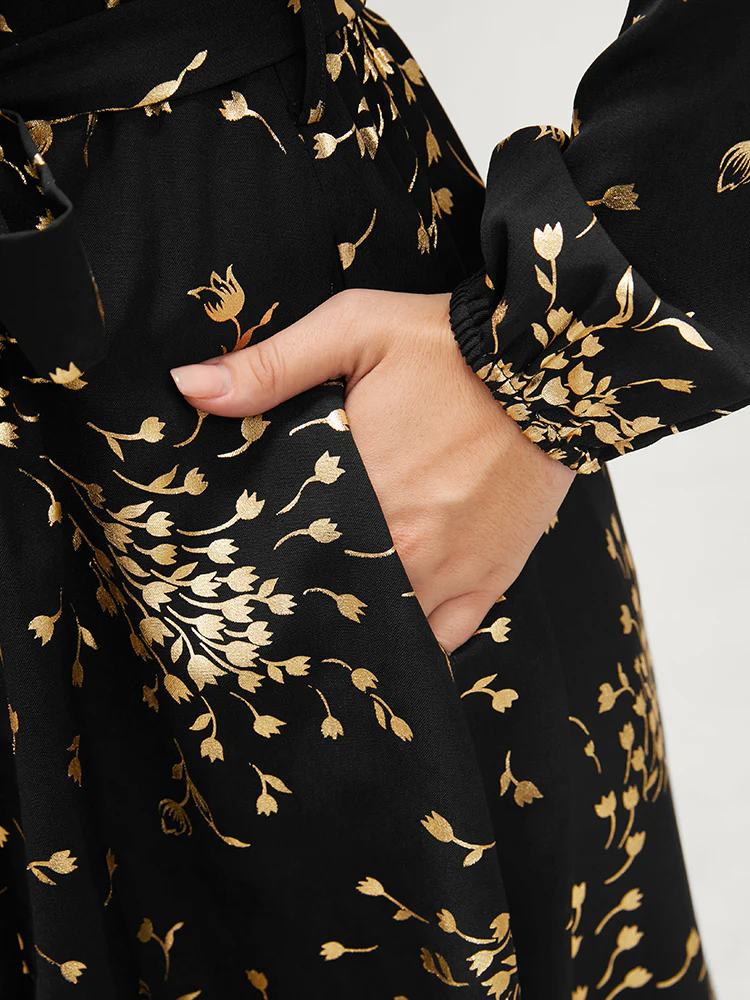 Floral Pocket Lantern Sleeve Belted Surplice Neck Dress - Image 6