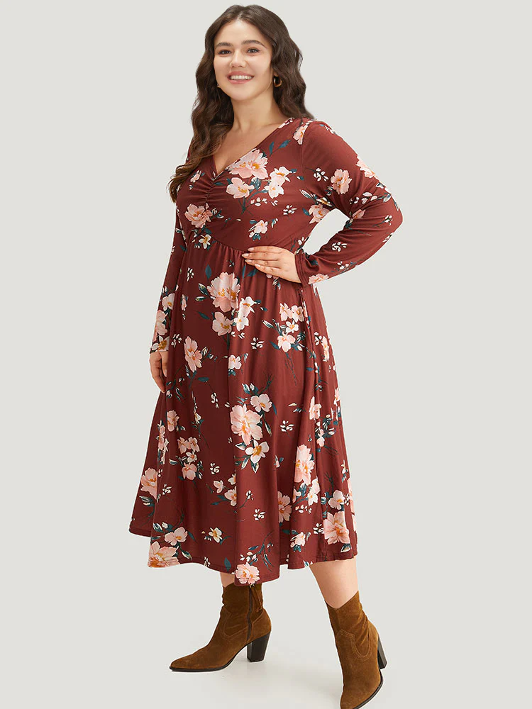 Floral Pocket Ruched Elastic Waist Dress - Image 2