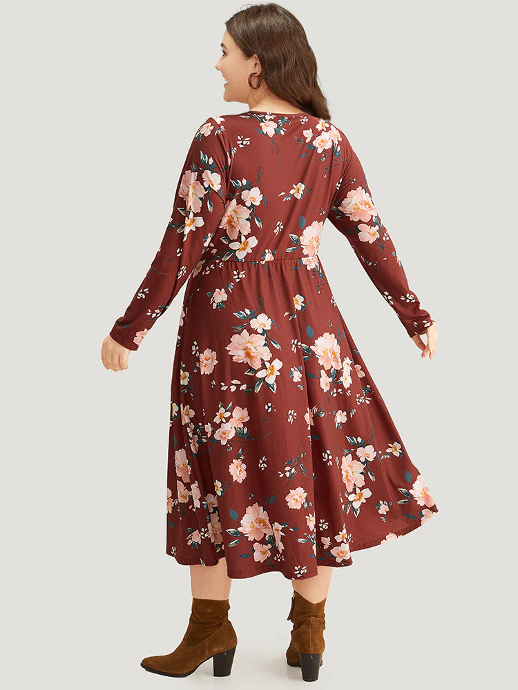 Floral Pocket Ruched Elastic Waist Dress - Image 3
