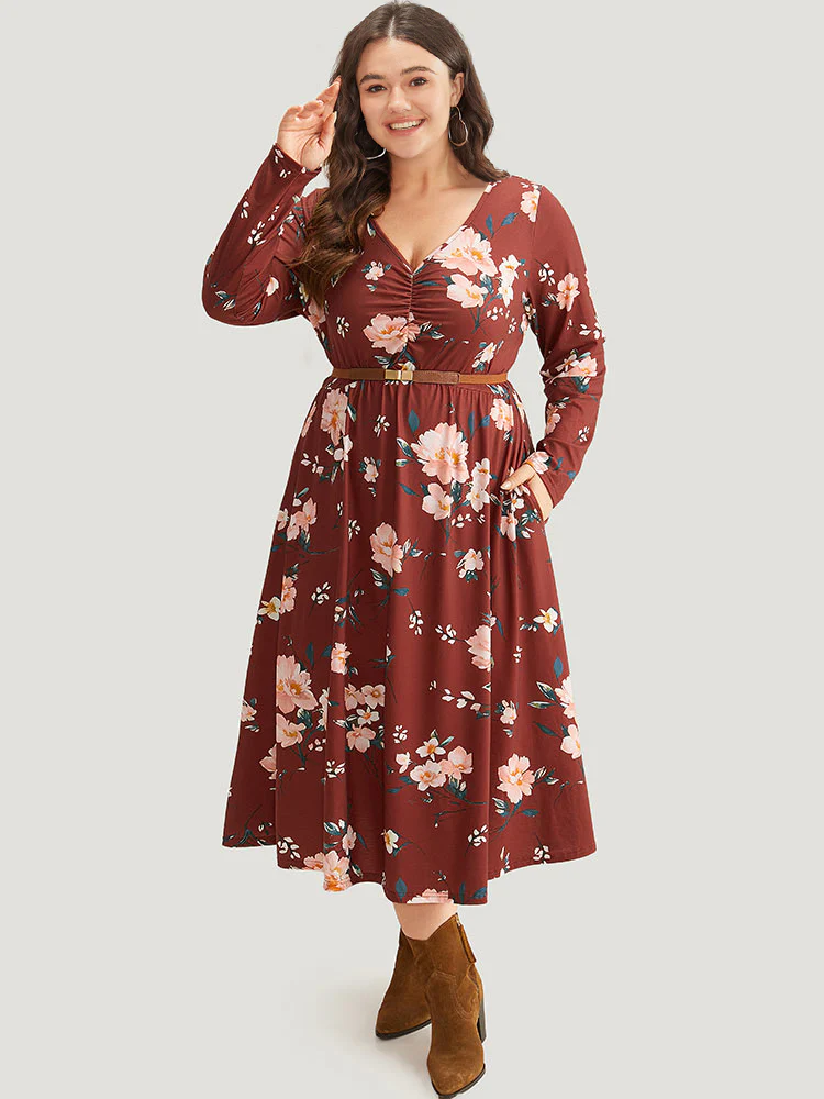 Floral Pocket Ruched Elastic Waist Dress - Image 4