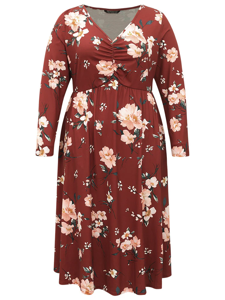Floral Pocket Ruched Elastic Waist Dress - Image 7