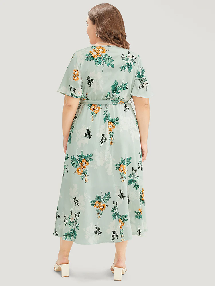 Floral Pocket Ruffle Sleeve Wrap Belt Asymmetrical Hem Dress - Image 2