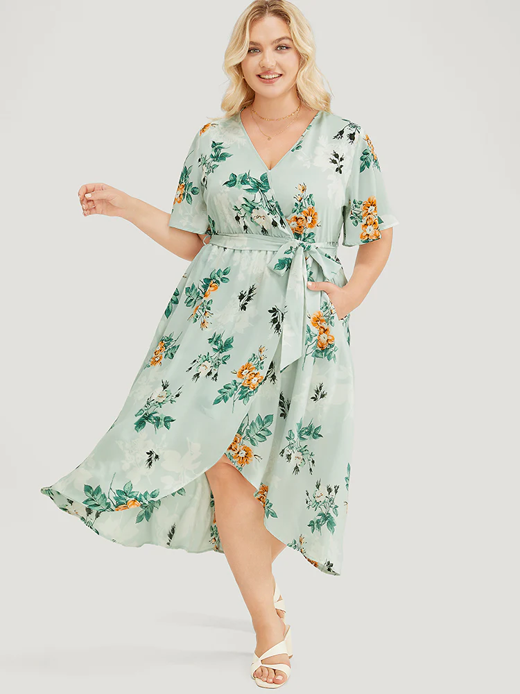 Floral Pocket Ruffle Sleeve Wrap Belt Asymmetrical Hem Dress - Image 3