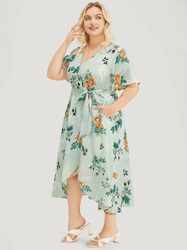 Floral Pocket Ruffle Sleeve Wrap Belt Asymmetrical Hem Dress - Image 4