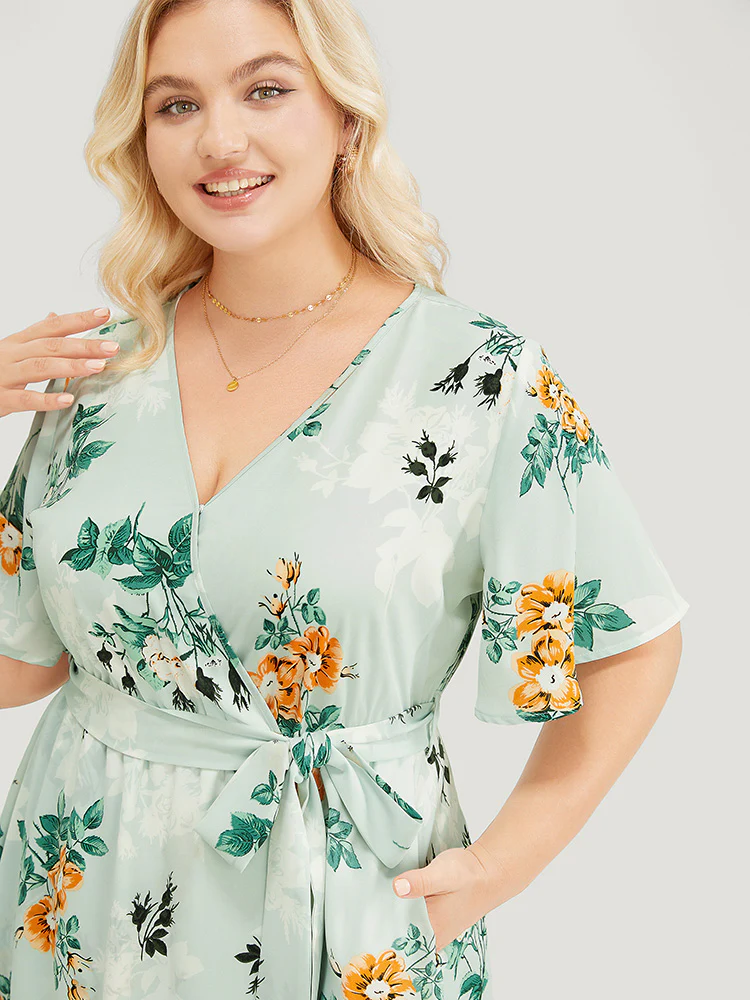 Floral Pocket Ruffle Sleeve Wrap Belt Asymmetrical Hem Dress - Image 5