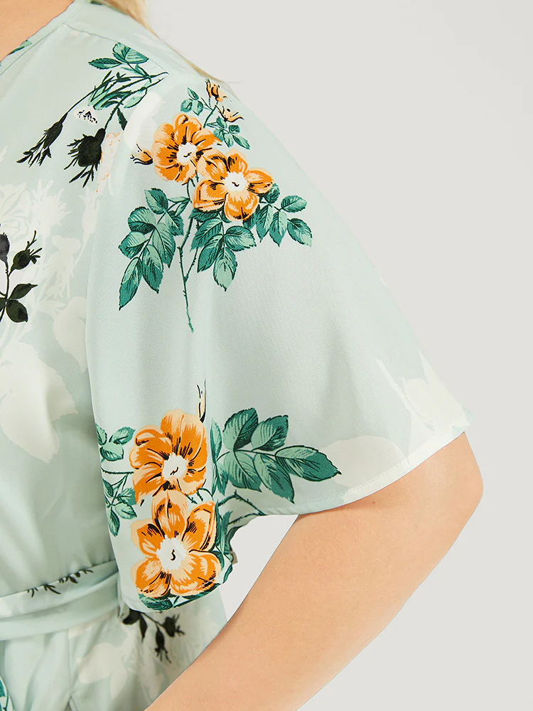Floral Pocket Ruffle Sleeve Wrap Belt Asymmetrical Hem Dress - Image 7