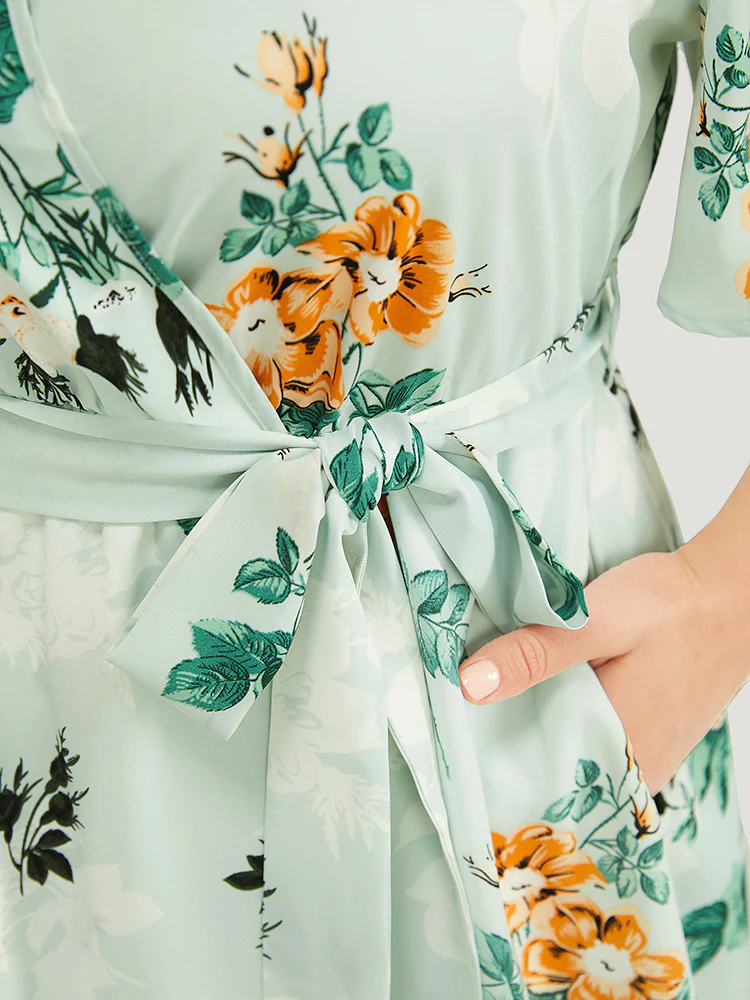 Floral Pocket Ruffle Sleeve Wrap Belt Asymmetrical Hem Dress - Image 8