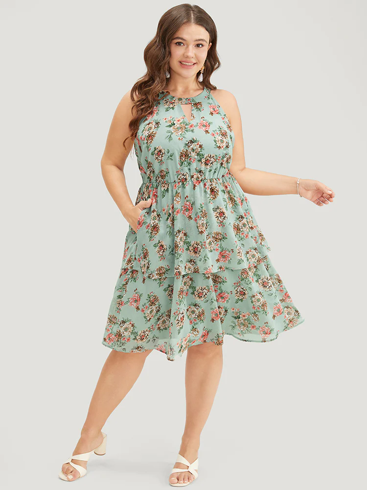 Floral Pocket Ruffle Tiered Keyhole Knotted Halter Dress - Image 2