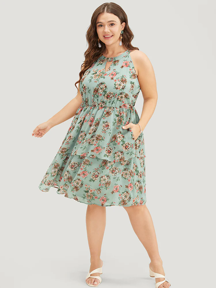 Floral Pocket Ruffle Tiered Keyhole Knotted Halter Dress - Image 3