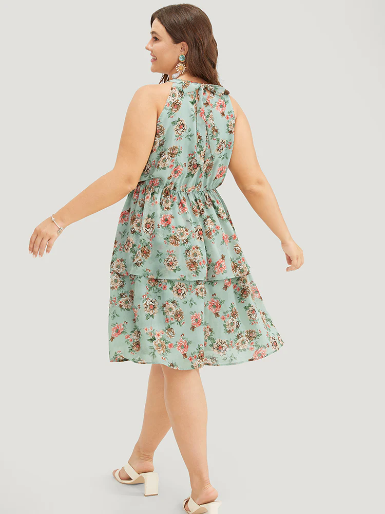Floral Pocket Ruffle Tiered Keyhole Knotted Halter Dress - Image 5
