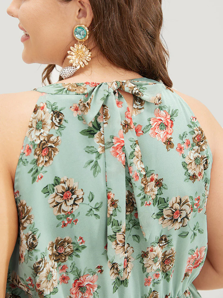 Floral Pocket Ruffle Tiered Keyhole Knotted Halter Dress - Image 6