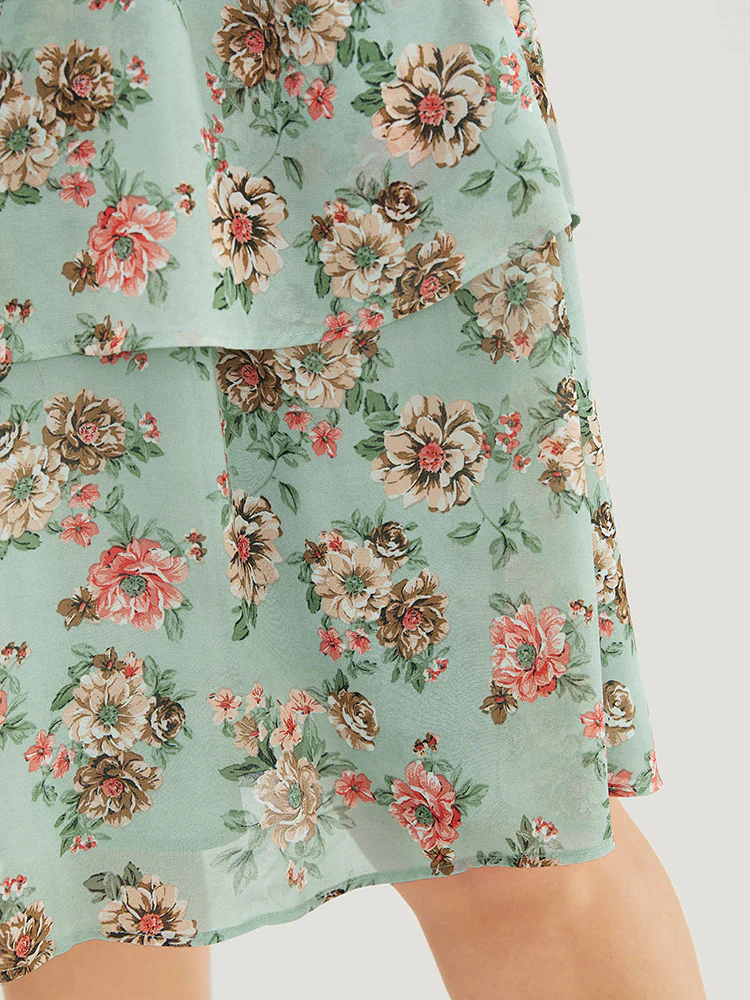 Floral Pocket Ruffle Tiered Keyhole Knotted Halter Dress - Image 8