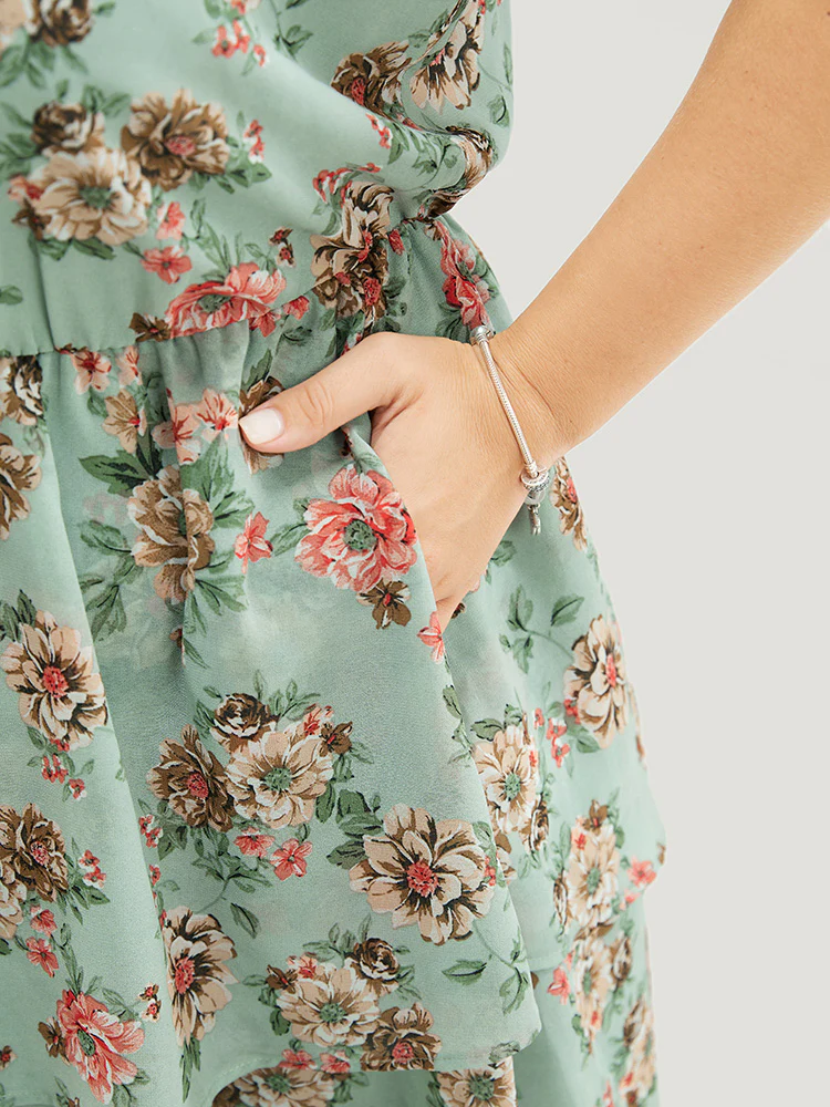 Floral Pocket Ruffle Tiered Keyhole Knotted Halter Dress - Image 9