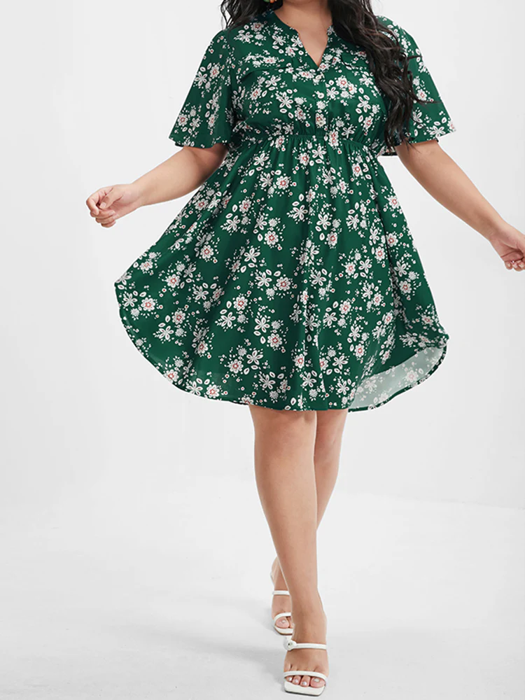 Floral Pocket Ruffled V Neck Short Dress - Image 3