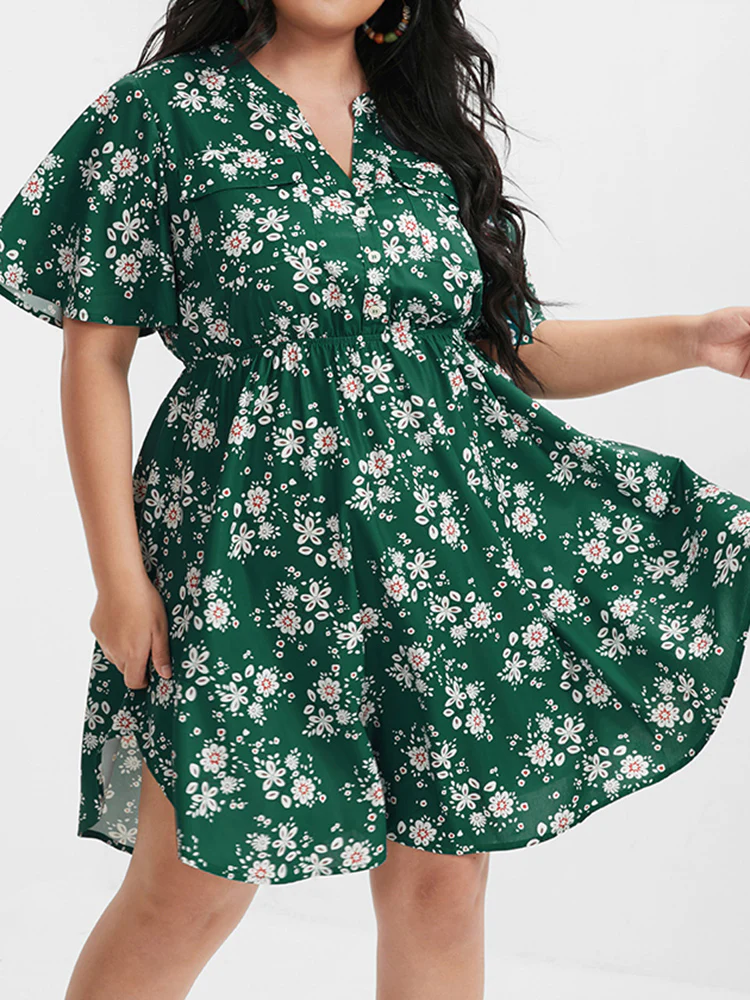 Floral Pocket Ruffled V Neck Short Dress - Image 4