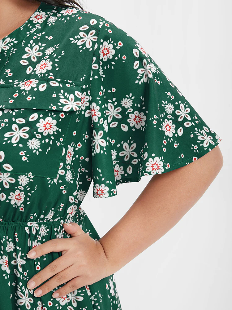 Floral Pocket Ruffled V Neck Short Dress - Image 5