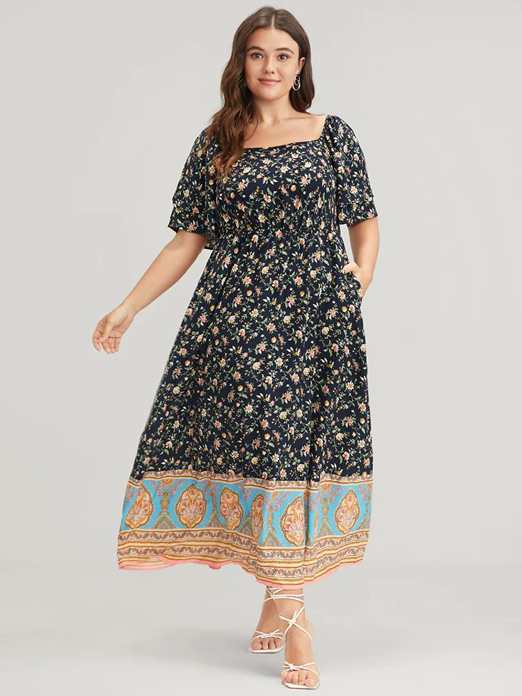 Floral Pocket Ruffles Square Neck Midi  Dress - Image 2