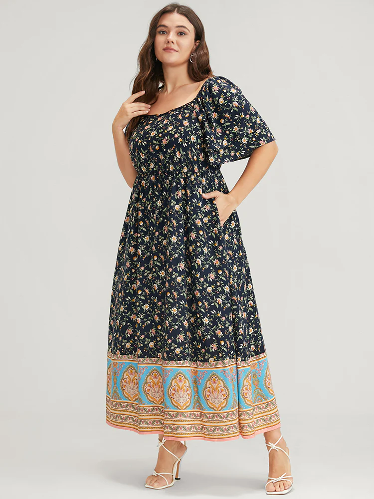 Floral Pocket Ruffles Square Neck Midi  Dress - Image 3