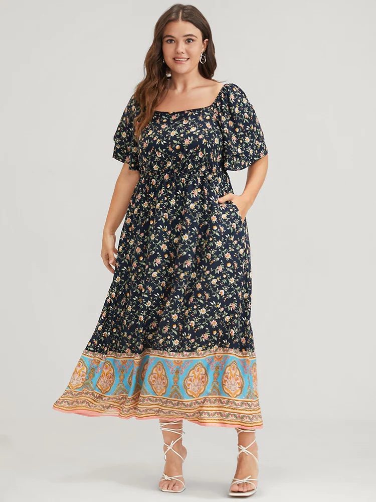 Floral Pocket Ruffles Square Neck Midi  Dress - Image 4