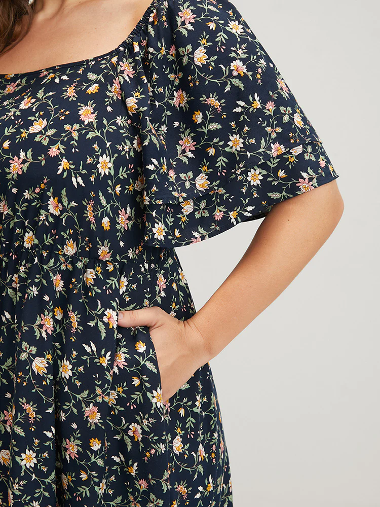 Floral Pocket Ruffles Square Neck Midi  Dress - Image 5