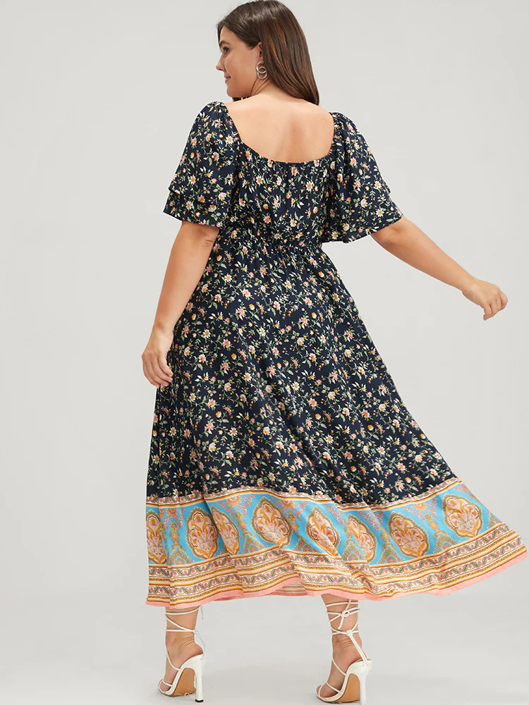 Floral Pocket Ruffles Square Neck Midi  Dress - Image 6