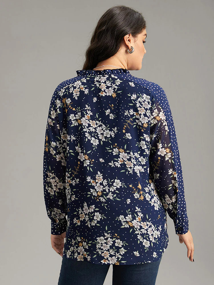 Chiffon Floral Polka Dot Patchwork Frill Trim Mesh Blouse - Image 2