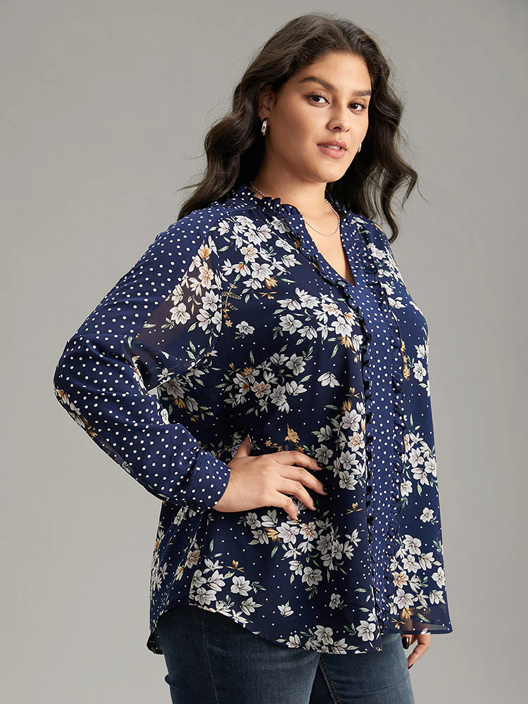Chiffon Floral Polka Dot Patchwork Frill Trim Mesh Blouse - Image 3