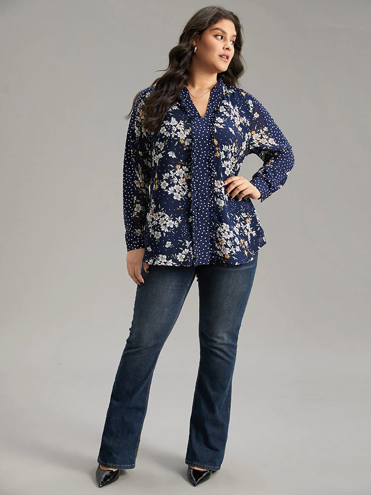 Chiffon Floral Polka Dot Patchwork Frill Trim Mesh Blouse - Image 4