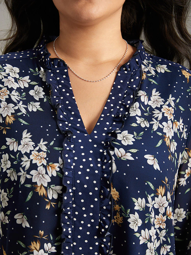 Chiffon Floral Polka Dot Patchwork Frill Trim Mesh Blouse - Image 5