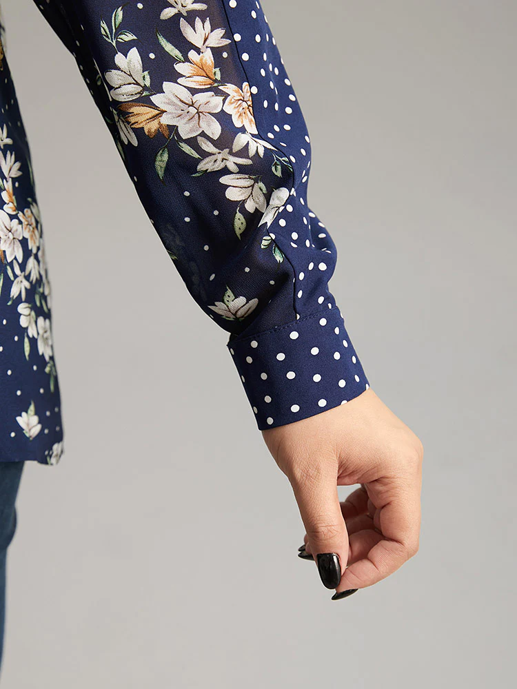 Chiffon Floral Polka Dot Patchwork Frill Trim Mesh Blouse - Image 6
